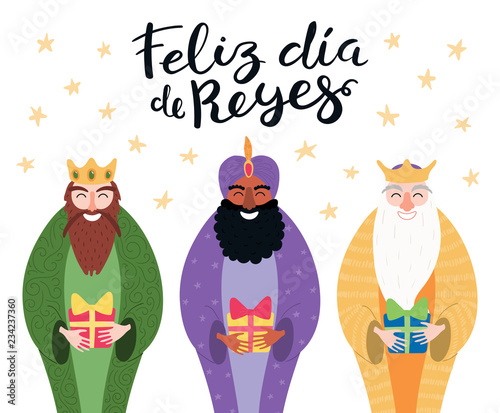 Cuadros en Lienzo Hand drawn vector illustration of three kings with gifts, Spanish quote Feliz Dia de Reyes, Happy Kings Day