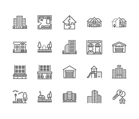 Wall Mural - Real estate flat line icons set. House sale, commercial building, country home area, skyscraper, mall, kindergarten vector illustrations. Infrastructure signs. Pixel perfect 64x64. Editable Strokes.