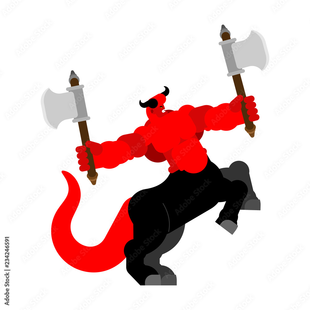 Devil centaur with ax. Strong Angry Asmodeus. Red demon big. Horned ...