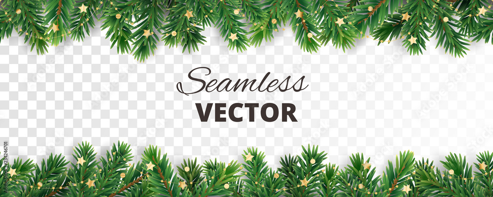 Seamless vector decoration isolated on white. Christmas tree frame, garland with ornaments - obrazy, fototapety, plakaty 