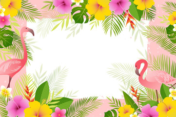 Summer frame with flamingo, palm leaves and tropical flowers. Vector floral banner template.