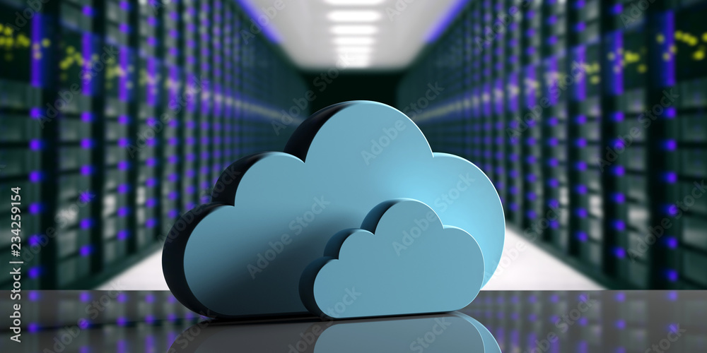 Cloud computing data center. Storage cloud on computer data center background. 3d illustration - obrazy, fototapety, plakaty 