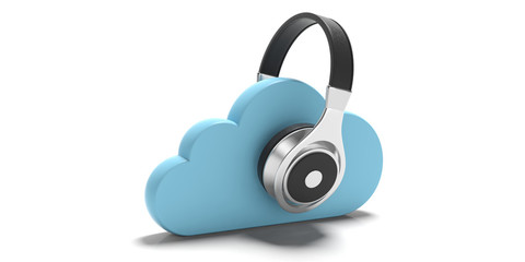 Poster - cloud computing and music. blue clouds and headphones isolated on white background. 3d illustration