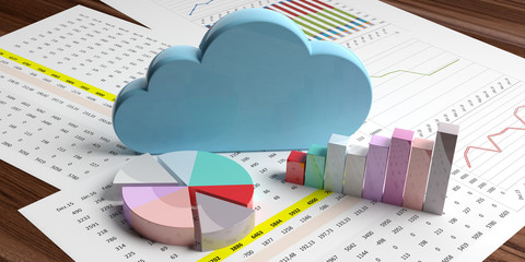 Wall Mural - Cloud computing stats. Blue cloud on data analysis charts. 3d illustration