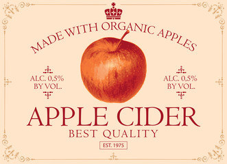 Wall Mural - vector label for apple cider with realistic image of an apple in figured frame in retro style