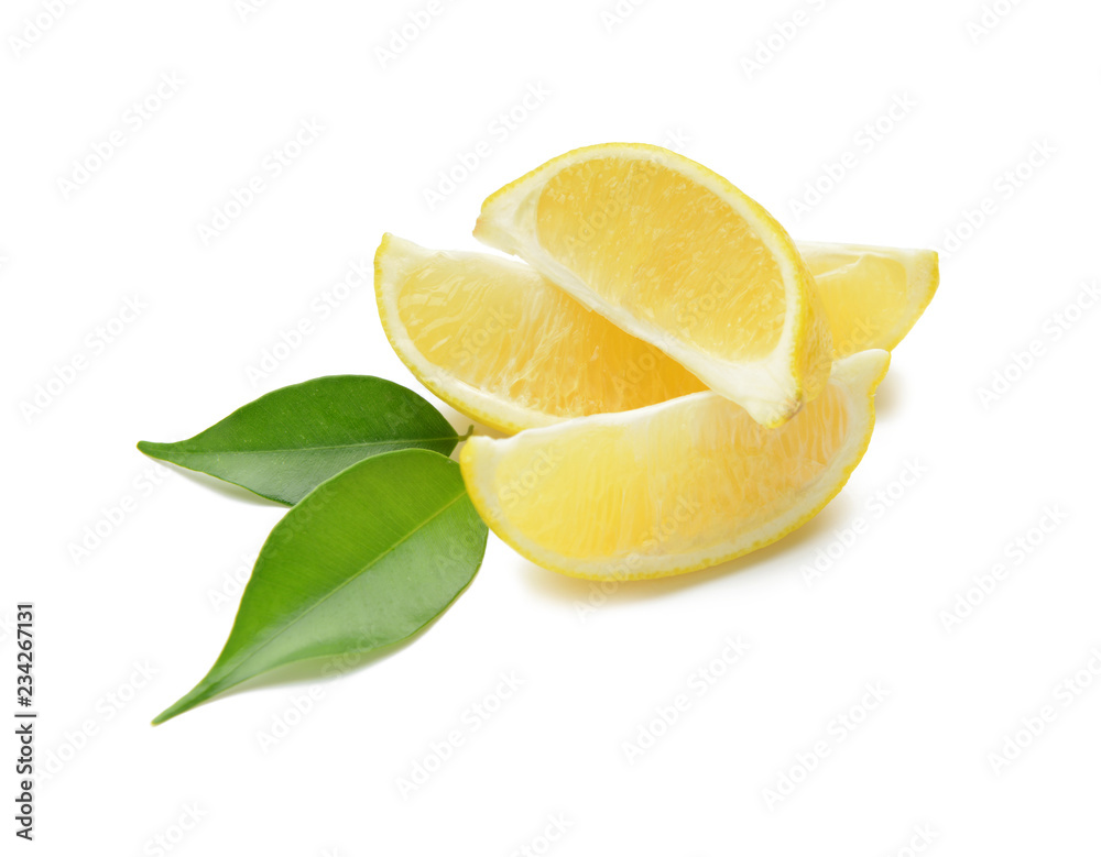Cut juicy lemon on white background