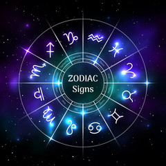 Wall Mural - Zodiac circle with astrological symbols isolated on blurred cosmic background. Mystic representation of star signs for astrology horoscope. Zodiac calendar, mystic birthday constellation vector
