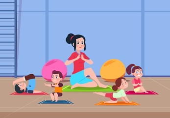 Canvas Print - Kids in yoga class. Cartoon children with instructor doing yoga exercises in gym interior. Healthy lifestyle vector concept. Illustration of yoga exercise kids class