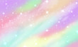 Rainbow unicorn background. Mermaid glittering galaxy in pastel colors with stars bokeh. Magic pink holographic vector backdrop. Illustration of magic pattern, rainbow universe, cosmic unicorn