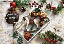 Christmas Flat Lay Background On Wooden Board