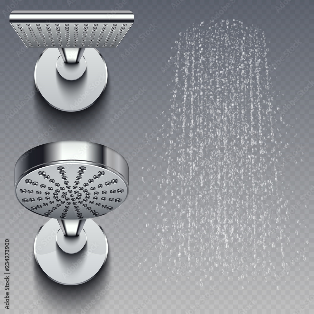 Realistic shower metal heads and trickles of water vector illustration isolated on transparent background. Shower for bathroom, head chrome realistic - obrazy, fototapety, plakaty 