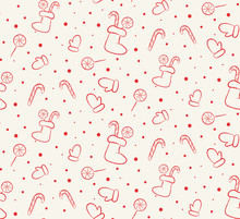 Christmas Seamless Vector Pattern. Stockings With Sweets, Mittens, Candy Canes, Lollipops, Snow. Decoration Ornament For Wrapping Paper