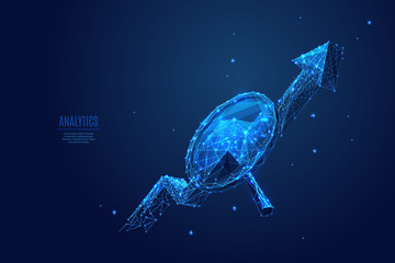 Aufkleber - Abstract image of magnifying and arrow up in the form of starry sky or space, consisting of points, lines, and shapes in the form of planets, stars and the universe. Business vector wireframe concept