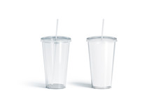 Blank White And Transparent Acrylic Tumbler With Straw Mockup Set,