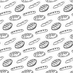 Wall Mural - Seamless pattern vintage hand drawn sketch style bakery set. Bread and pastry sweets on white background