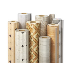 Wall Mural - Rolls of linoleum with different texture on a white. 3d illustration