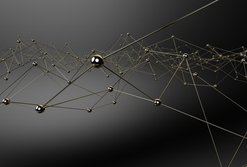 Modern digital abstract gold atomic cell on dark gray background. 3D render