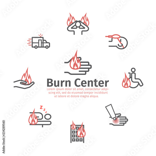Skinl Burns Round Banner Line Icons House Fire Treatment