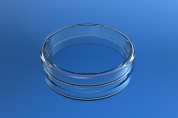 Wall Mural - Transparent glass petri dishes on blue background with ground reflections. 3D rendering