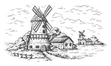 Village Near A Wheat Field And A Windmill Drawn By Hand Vector Illustration