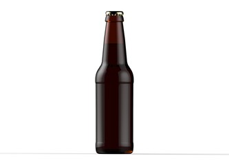 Brown glass isolated full beer bottle with white cap on white background. 3D rendering