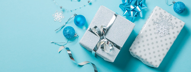 Sticker - Christmas background - presents and decorations in silver and blue