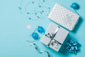 Sticker - Christmas background - presents and decorations in silver and blue