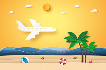 Airplane flying over the sea , summer time , paper art style