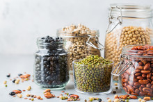 Assortment Of Vegan Protein Source Food, Legumes, Lentils, Chickpeas, Beans