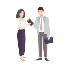 Poster - Smiling man giving notepad to woman. Pair of office workers, managers, colleagues or business partners isolated on white background. Colorful vector illustration in modern flat cartoon style.