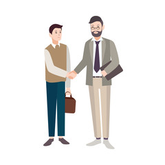 Aufkleber - Old and young men, office workers or boss and employee shaking hands isolated on white background. Business deal, agreement, partnership or cooperation. Vector illustration in flat cartoon style.