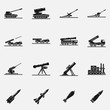 Set of artillery flat vector icons. Includes such elements as multiple launch rocket systems, mortar, howitzer, missiles, bombs and other military equipment.