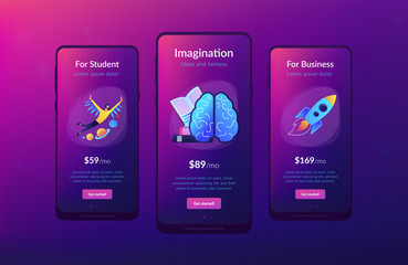 Poster - open book, brain and user flying in space among planets. imagination, ideas and fantasy landing page