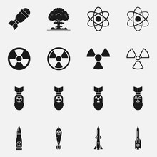 Set Of Nuclear Weapons Includes Missiles, Bombs And Explosion. Radiation Symbol. International Day Against Nuclear Tests Concept.