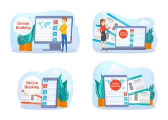 Poster - booking airplane ticket online on device set