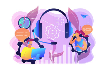 Canvas Print - Operator wearing headset at computer cold calling to a potencial client. Cold calling, old school marketing, telemarketing sales concept. Bright vibrant violet vector isolated illustration