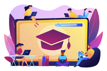 Sticker - students with laptops studying and huge laptop with graduation cap. free online courses, online cert