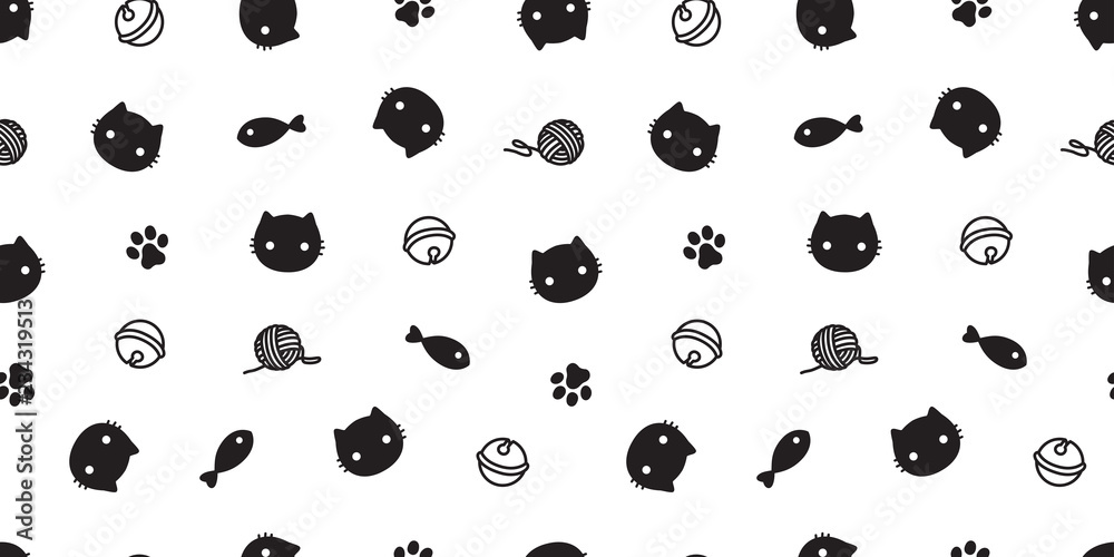 cat seamless pattern kitten vector paw cat toy scarf isolated repeat ...