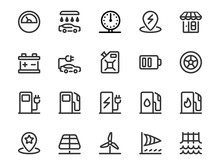 Vector Set Of Gas Station Icons In Outline Style. Collection Includes Gas, Petrol And Electric Stations, Charging Batteries, Control Devices And More.