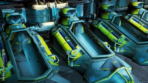 Fotografía The opening of the cryo capsules on a spaceship. 3D Rendering