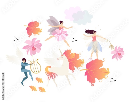 Winged elf play the lyre, unicorn with mane in shape of autumn leaves, fairy,...