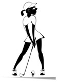 Fototapeta  - Golfer woman on the golf course isolated illustrationю Golfer woman aiming to do a good kick black on white
