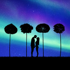 Sticker - lovers between trees in park at night. vector illustration with silhouette of loving couple. landsca