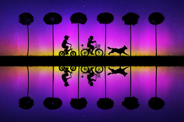 Poster - Children on bicycles and running dog in park. Vector illustration with silhouettes of boy and girl on bikes. Landscape with maples. Blue pastel background