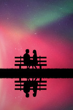 Lovers Sitting On Bench In Park. Vector Illustration With Silhouette Of Loving Couple. Blue Pastel Background