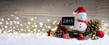 Happy New 2019 Year Background With Snowman And Christmas Gifts.