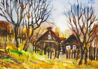 Watercolor painting: Autumn rural landscape with naked trees