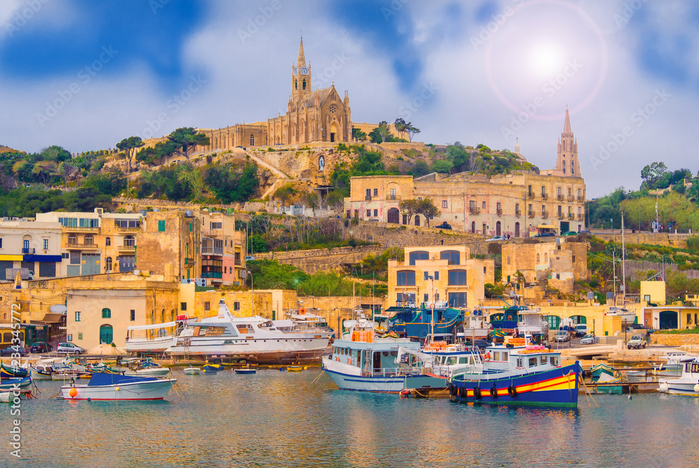 Obraz na płótnie Historic city in Gozo island, mediaeval architecture and boats on the harbor of Malta w salonie