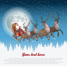 Christmas Background With Santa Driving His Sleigh Across The Face Of The Moon On Winter Night And Copyspace For Your Text