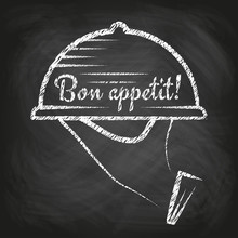 'Bon Appetit' Concept - Hand Carrying A Tray With A Food Dome, Chalkboard Background